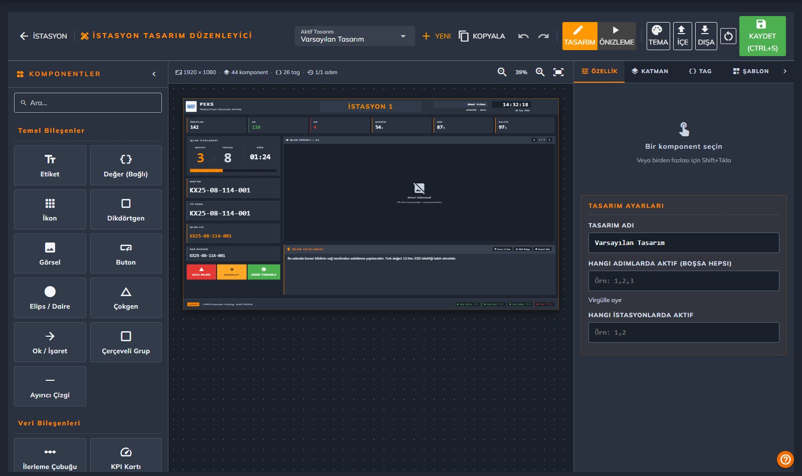 Screen designer with component palette, canvas and property panel