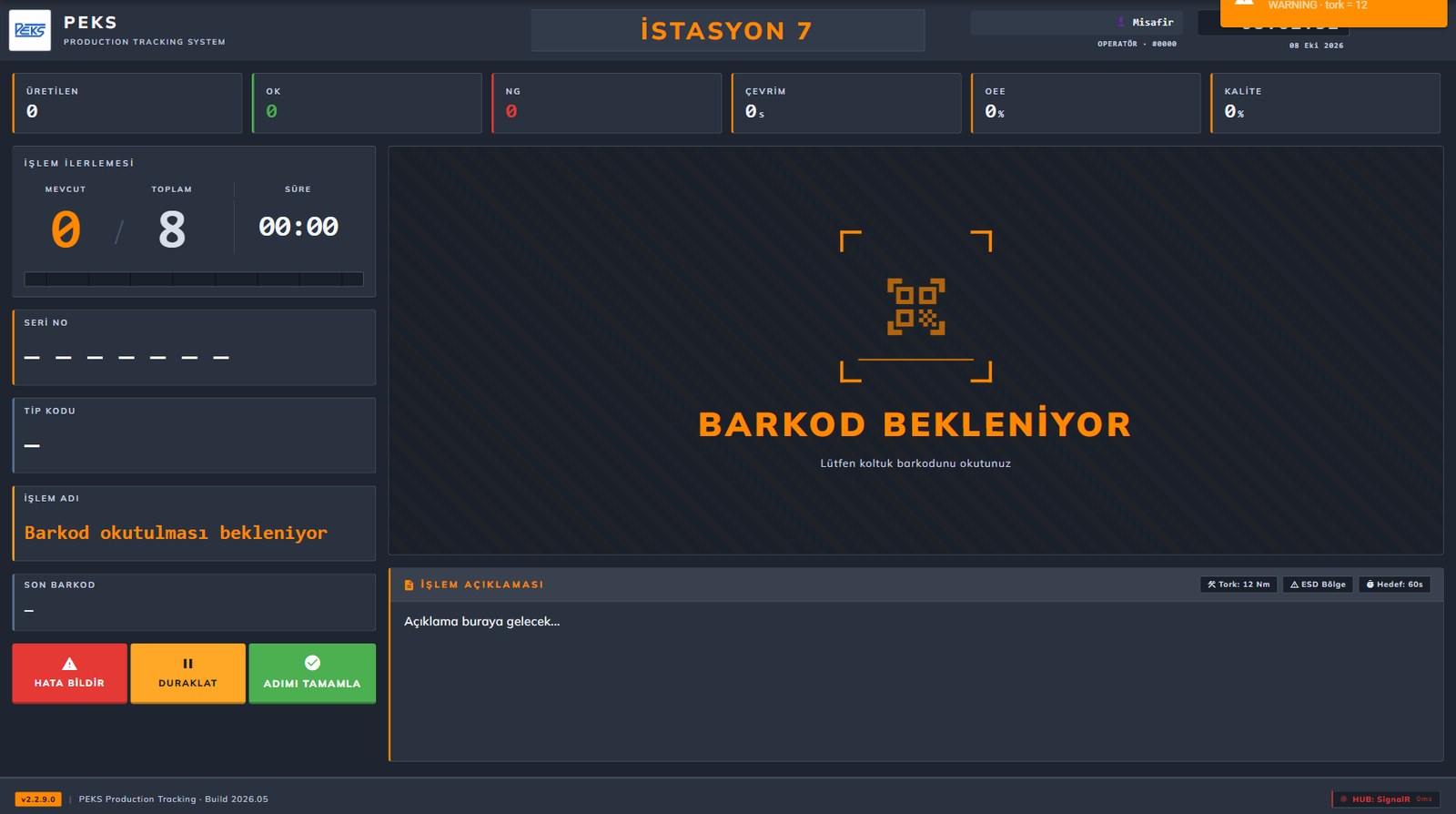 Operator runtime screen: station 7, step counter, serial number, barcode wait area, torque alarm toast