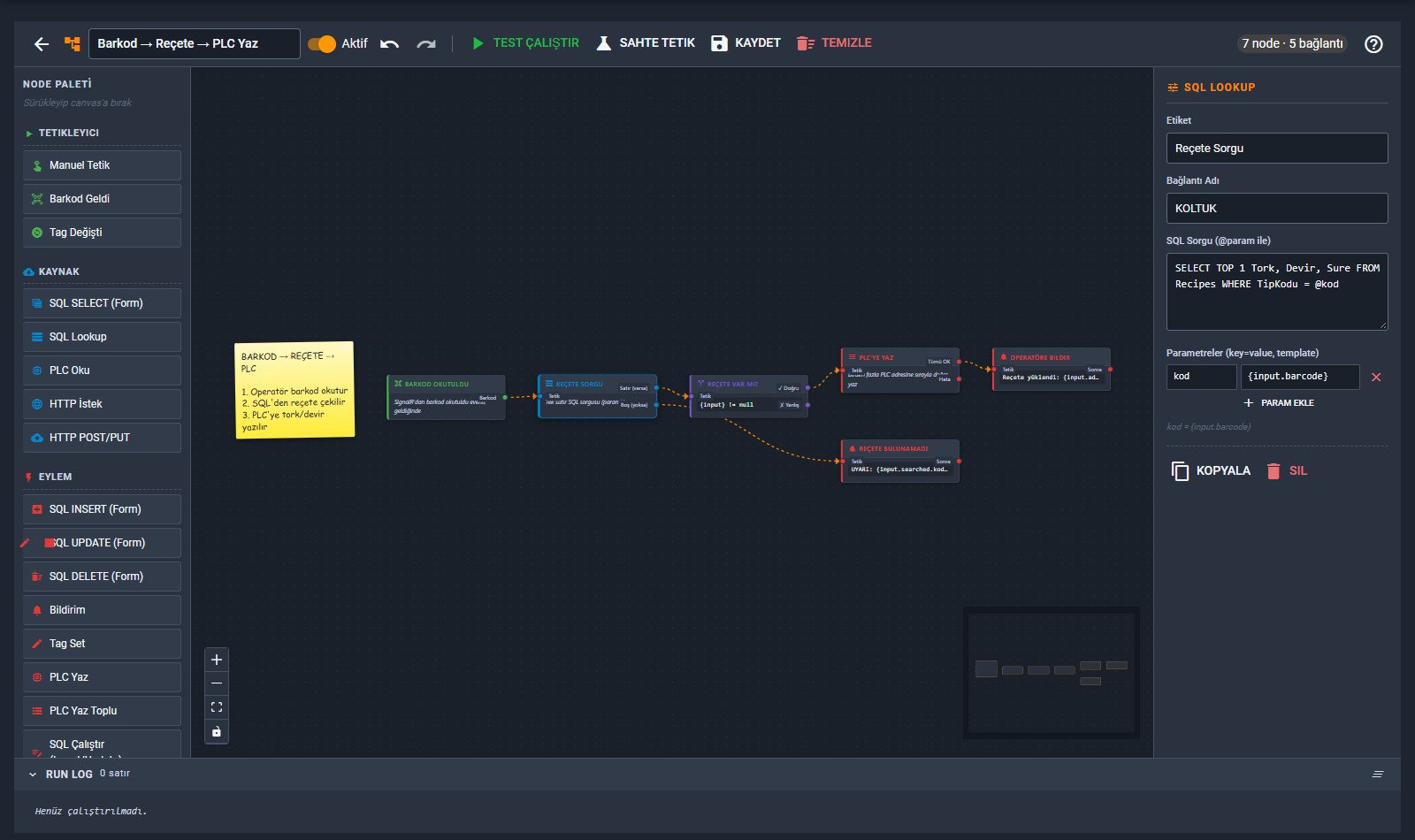 Node-based flow editor: barcode trigger, SQL lookup, condition, PLC write, notify